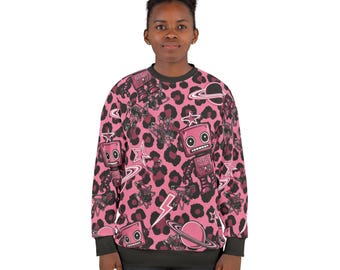 Sudadera rosa con estampado de robot / Estampado de leopardo, planetas espaciales, relámpagos
