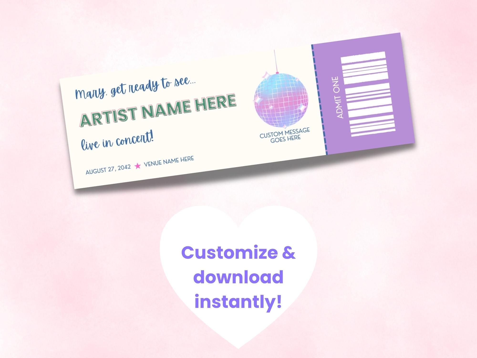 Custom Concert Ticket Template, Editable Canva Ticket, Personalized ...