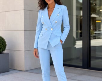 Women's Double-Breasted Blazer and Slim Pants Suit Set, Office Workwear Outfit