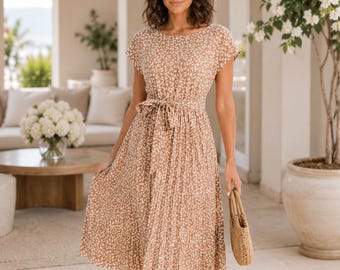 Floral Midi Dress, Women’s Short Sleeve High Waist A Line Dress, Pleated Summer Sundress, Casual Spring Holiday Dress