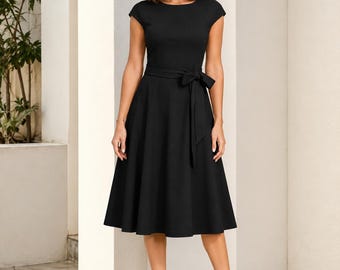 Elegant Cotton Midi Dress, Tie-Waist Fit-and-Flare, Short Sleeve Summer Office Party