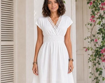 Abito da donna svasato in pizzo, abito midi a maniche corte con scollo a V, elegante abito estivo a righe, perfetto per feste e vacanze.