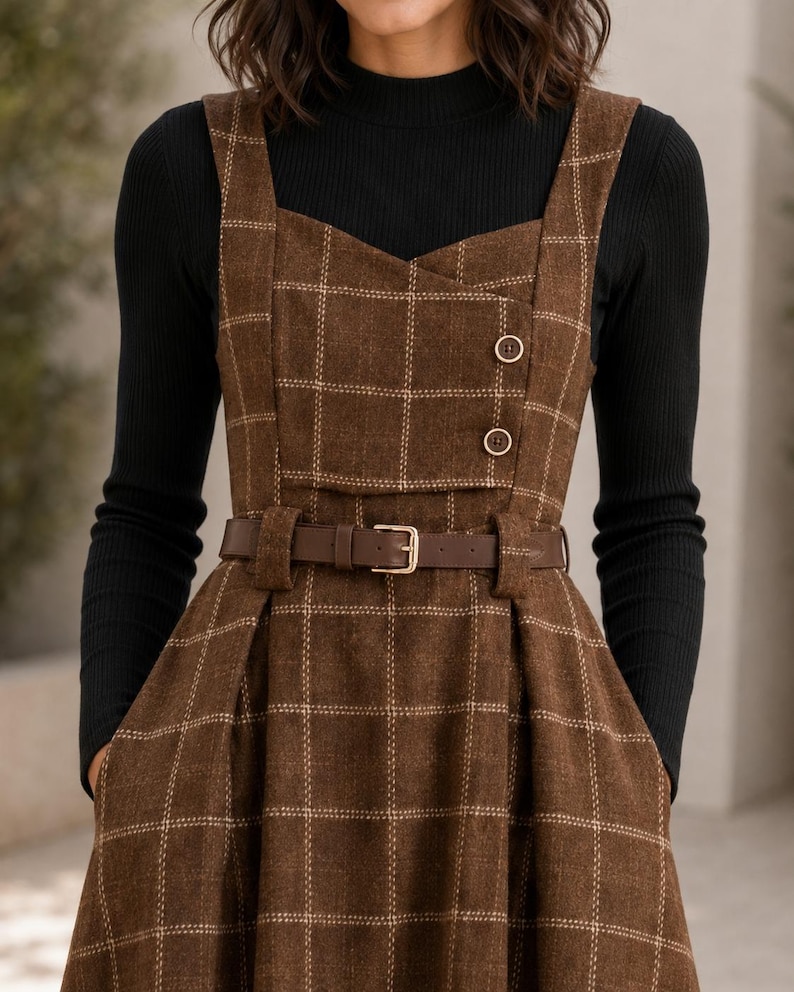 May include: A brown plaid pinafore dress featuring a square neckline, two decorative buttons on the bodice, and a matching brown belt with a gold buckle, worn over a black long-sleeved ribbed mock neck top with a fitted silhouette.