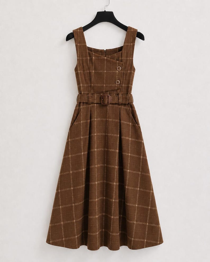 May include: A brown sleeveless midi dress featuring a white grid pattern, a square neckline, and an asymmetrical overlapping bodice detail with two circular buttons. The dress includes a matching fabric belt at the waist and a flared skirt.