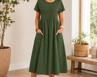 Women’s Boho Cotton Linen Summer Midi Dress, Loose Fit Casual Plus Size Dress, Short Sleeve Everyday Dress