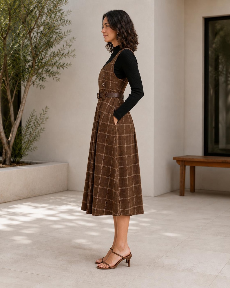 May include: A brown plaid midi-length pinafore dress featuring a button-down front, a matching brown belt at the waist, and side pockets. The dress is layered over a black long-sleeved mock neck top and paired with brown strappy heeled sandals.