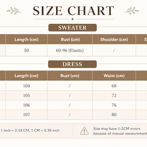 May include: A size chart for a sweater and dress with brown headers and white text. The sweater section lists length, bust, shoulder, and sleeve measurements in cm. The dress section lists length and waist measurements in cm for sizes S to XL.