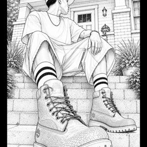 May include: Black and white illustration of a person sitting on steps, wearing a white t-shirt, shorts, and a baseball cap. The person is wearing black and white striped socks and light-colored boots with laces. The text "Kicks & Culture ∞ 2026" is at the bottom.