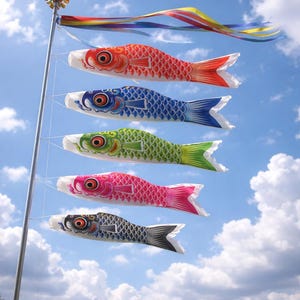 Peut inclure: Des banderoles de carpes colorées, ou koinobori, flottent dans un ciel bleu clair. Les banderoles sont de couleurs rouge, bleu, vert, rose et noir. Chaque carpe a une tête blanche et un œil détaillé.