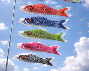 Japanese Koinobori Carp Streamer Set | Vibrant Fabric Fish Wind Sock | Outdoor Garden Cultural Decoration Asian Culture