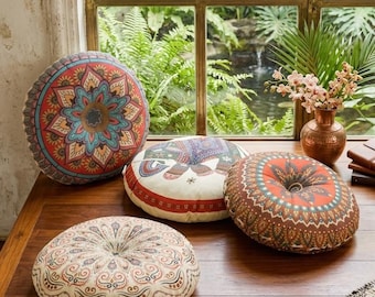 Coussin de Sol Mandala Bohème – Coussin d'Assise Rond Style Indien Éléphant – Pouf Décoration Méditation Yoga – Déco Salon Ethnique Chic