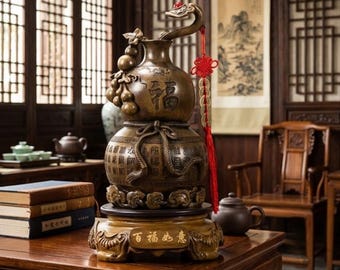 Statua di zucca Wu Lou Feng Shui con serpente e monete cinesi - Decorazione asiatica in stile bronzo antico - Simbolo di salute e prosperità