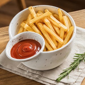 Peut inclure: Un bol en céramique blanc rempli de frites dorées, avec un petit bol attaché de ketchup rouge. Une branche de romarin repose sur une serviette en lin beige, sur une surface en bois. Le bol a un motif tacheté.