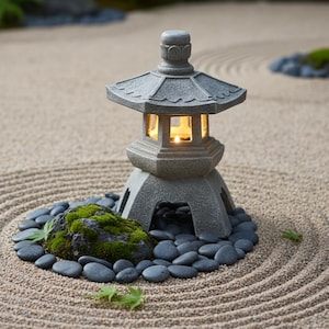 May include: A gray stone Japanese garden lantern with a lit candle inside. The lantern sits on a bed of black stones and a moss-covered rock, surrounded by raked sand. The lantern is approximately 12 inches tall.