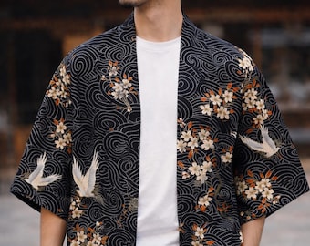 Giacca kimono giapponese Haori con motivo a fiori di gru | Cardigan streetwear elegante di ispirazione asiatica | Comodo outfit da festival in stile giapponese