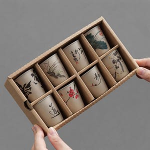 Peut inclure: Un ensemble de huit petites tasses cylindriques en céramique avec des motifs floraux et calligraphiques peints à la main, présentées dans une boîte en carton divisée. Les tasses présentent une palette de couleurs neutres avec des accents de rouge, de vert et de noir. La boîte est tenue par deux mains.