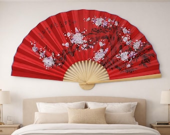 Ventaglio decorativo da parete rosso | Grande opera d'arte orientale | Decorazione tradizionale cinese per la casa