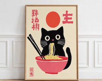 Poster giapponese con gatto e ramen | Illustrazione minimalista in stile giapponese | Decorazione murale zen e kawaii | Poster per cucina o soggiorno