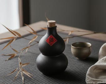 Bottiglia a forma di zucca nera per sakè | Decanter tradizionale cinese in ceramica per liquori | Decorazione portafortuna con tappo in sughero