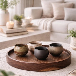 Peut inclure: Un plateau de service en bois avec quatre petits bols en céramique de tons bruns et beiges. Les bols sont disposés sur le plateau, posé sur une surface neutre. L'arrière-plan comprend un canapé et des objets décoratifs.