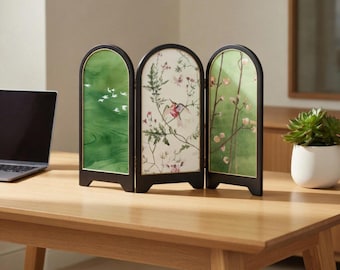 Paravento da tavolo asiatico in miniatura | Eleganti pannelli decorativi pieghevoli | Decorazione da scrivania con arte naturalistica serena