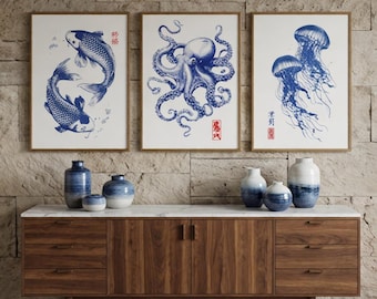 Set di 3 poster di arte marina giapponese - Koi, polpo e medusa - Decorazione murale minimalista in stile zen - Stampa di alta qualità su tela di cotone