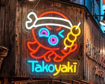 Insegna al neon a LED per Takoyaki, insegna a forma di polpo in stile manga, decorazione per cucina giapponese, luce notturna a tema street food giapponese, regalo per geek otaku, 36x31 cm