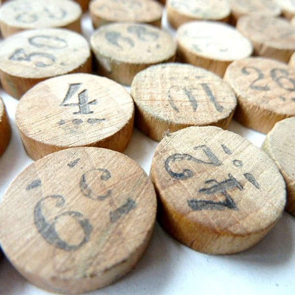 RESERVED FOR HEIDI .Antique French wooden lottery numbers. Loto . Supplies