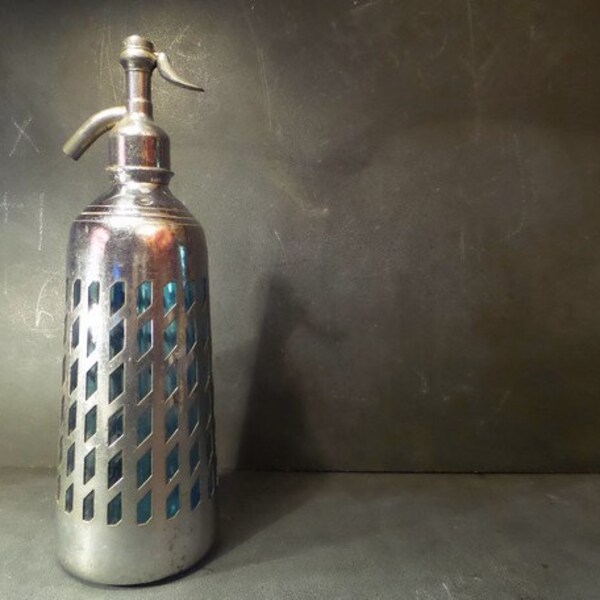 VINTAGE BLUE old  Seltzer BOTTLE with Chrome covering  .Home decor .Barware