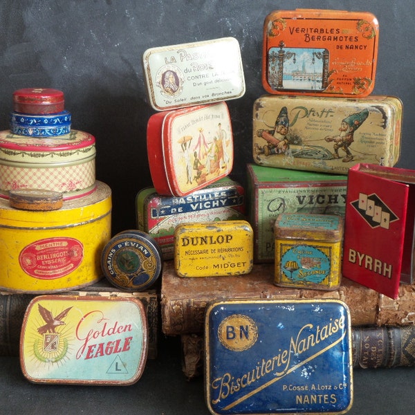 17 French Tins. Instant collection . Retro kitchen decor . Old Tins. Vintage Tins.