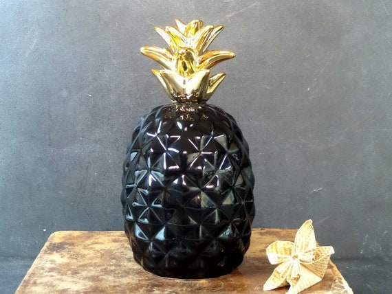 Vintage Ceramic Pineapple Decor Black And Gold Hollywood Etsy