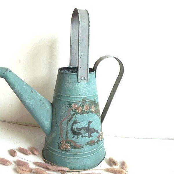 Vintage French watering can.1940s .French country decor .Shabby chic decor .Blue
