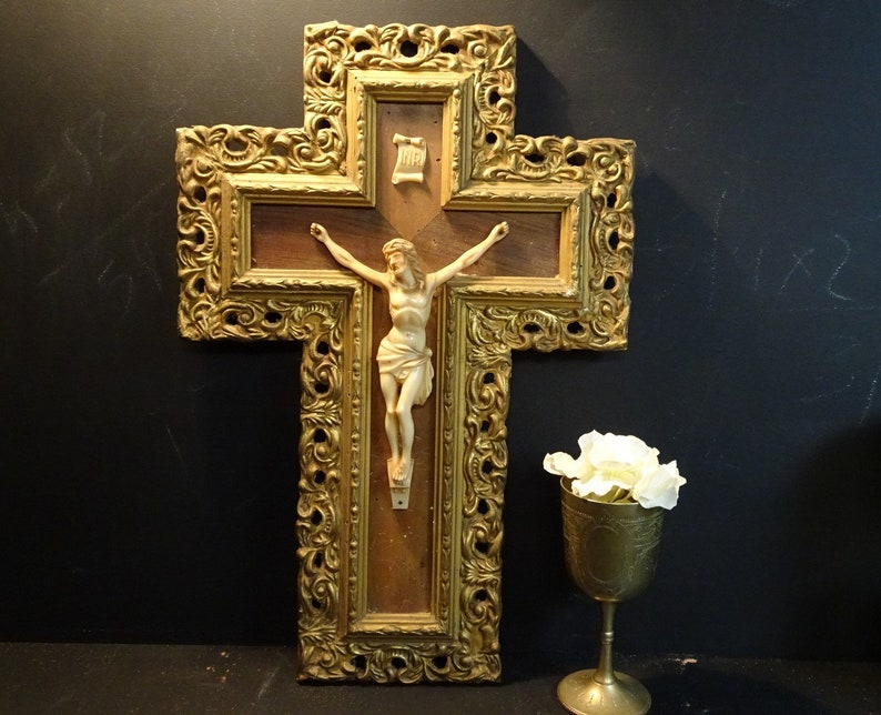 Antique Wall Crucifix Cross In Gilded Frame