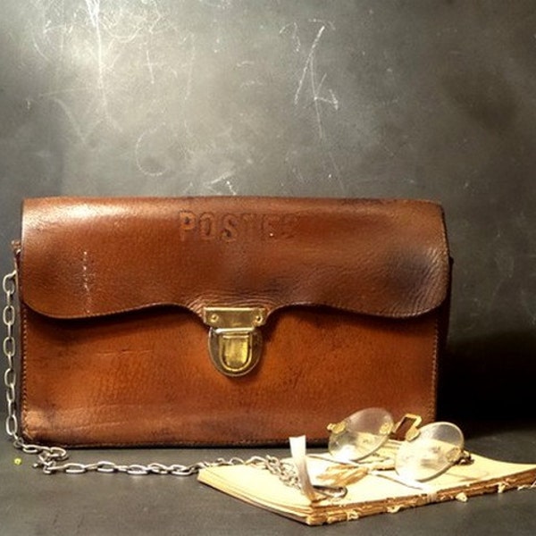 Antique French Distressed Brown Leather men purse.Postman satchel.