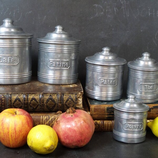 Set of 5 French Canisters. Aluminum Kitchen Canisters. French kitchen Storage Containers. Tins. Kitchenalia