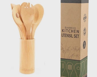 Bamboo Kitchen Utensils, 7 Pieces Cooking Utensils Set with Holder