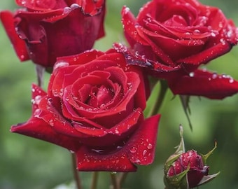 Fresh Red Rose Photograph Print – Romantic Floral Wall Art – Dewy Roses Close-Up
