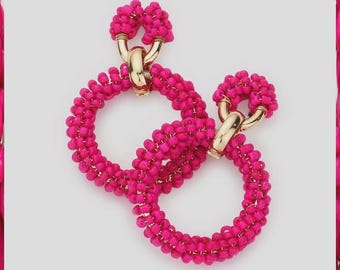 Hot Pink Beaded Hoop Earrings, Statement Earrings, Seed Bead Jewelry,