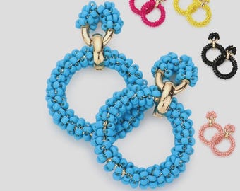 Hoop Circle Disc Seed Bead Drop Statement Long Strand Pierced Post Earrings