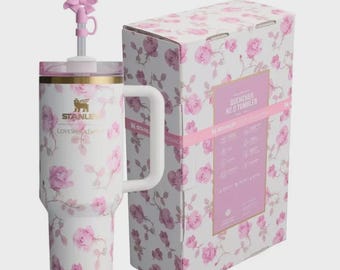 Pink Rose Pattern 40oz Travel Tumbler with Handle, Stainless Steel Cup