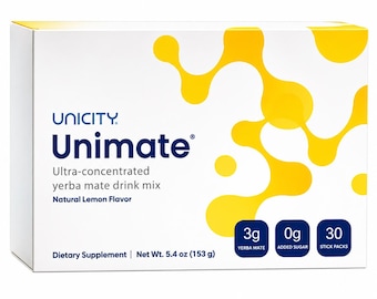 Unicity Unimate Natural Lemon Yerba Mate Drink Mix – 30 Stick Packs | Dietary Supplement | Lemon Flavor