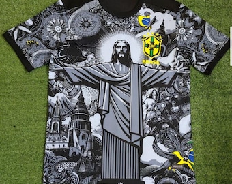 Maglia da calcio Brasile in bianco e nero edizione Rio | Maglia da calcio Cristo Redentore | Streetwear Brasile oversize