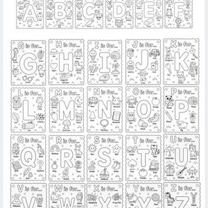 May include: Black and white alphabet flashcards, each card featuring a letter and corresponding illustration. The cards are designed for coloring, with images of objects like an apple, a butterfly, and a cupcake. The text "A is for..." to "Z is for..." is visible.