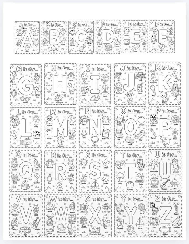 May include: Black and white alphabet flashcards, each card featuring a letter and corresponding illustration. The cards are designed for coloring, with images of objects like an apple, a butterfly, and a cupcake. The text "A is for..." to "Z is for..." is visible.