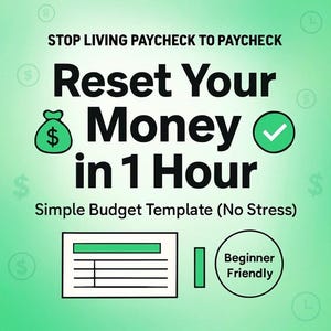 Könnte beinhalten: Ein grüner Farbverlauf-Hintergrund mit dem Text „STOP LIVING PAYCHECK TO PAYCHECK“ und „Reset Your Money in 1 Hour“. Enthält ein Geldsack-Symbol, ein Häkchen und eine Budgetvorlagen-Grafik. Der Text „Beginner Friendly“ ist ebenfalls vorhanden.