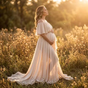 Boho-Chiffon-Umstandskleid, Kleid mit Rüschenärmeln für Schwangerschaftsfotoshootings, Babypartykleid, fließendes Umstandsoutfit RC6
