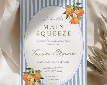 Aperol Spritz Bridal Shower Invitation La Dolce Vita Orange Citrus Bride She Found Her Main Squeeze Italian Blue Stripe Summer Editable