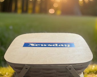 Vintage Wooden Picnic Basket w/ Lid, Red Gingham Liner, Newsday Collectible Storage