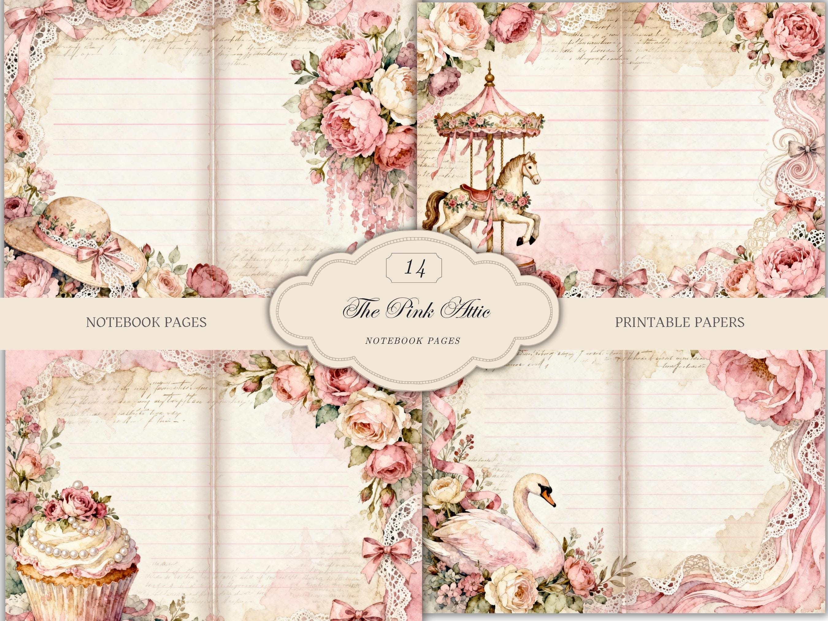 Shabby Chic Junk Journal Pages, Pink Floral Notebook Printable, Vintage ...