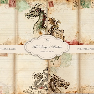 Può includere: Un set di carta digitale in stile vintage con illustrazioni di draghi ed elementi di mappe antiche. Il design include pagine di quaderno a righe con opere d'arte di draghi, francobolli e il testo "The Dragon Archive". La tavolozza dei colori è beige, marrone, verde e rosso.